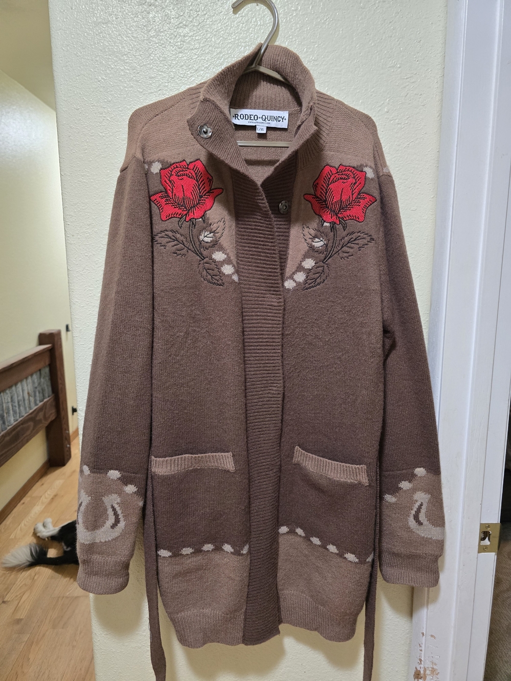 Rodeo Quincy Brown Knit Cardigan with Red Rose Embroidery